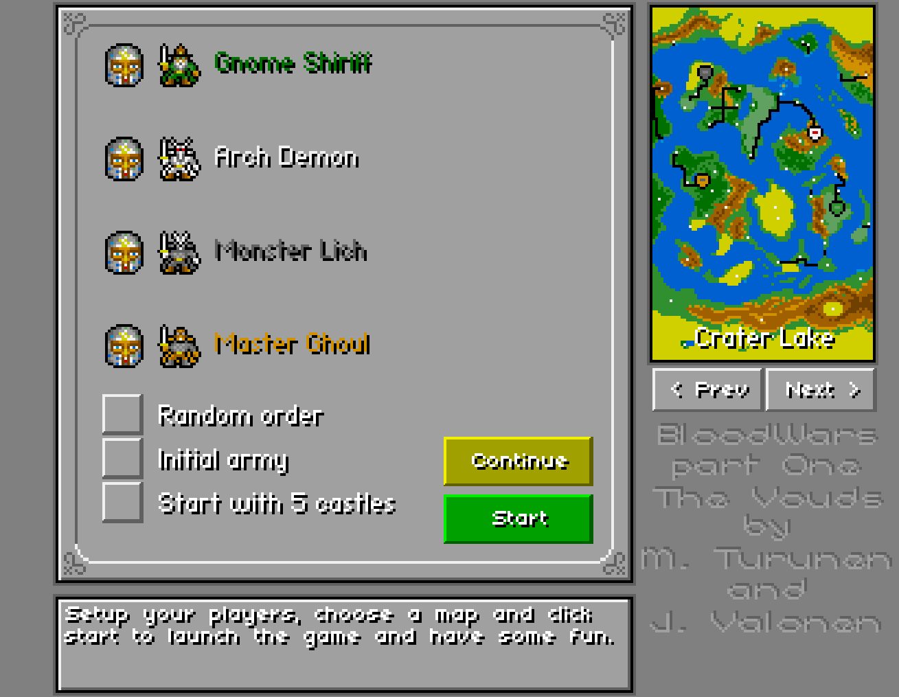 Game setup screen